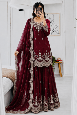 maroon color codding embroidery sequins work satin kurti sharara set 1