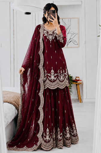 maroon color codding embroidery sequins work satin kurti sharara set