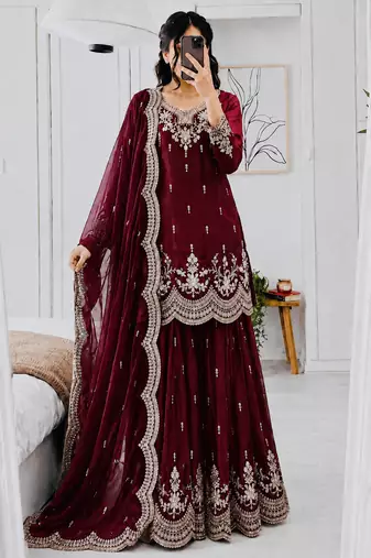 maroon color codding embroidery sequins work satin kurti sharara set