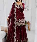 maroon color codding embroidery sequins work satin kurti sharara set