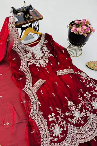 maroon color codding embroidery sequins work satin kurti sharara set