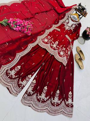 maroon color codding embroidery sequins work satin kurti sharara set 3