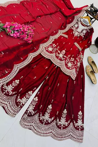 maroon color codding embroidery sequins work satin kurti sharara set