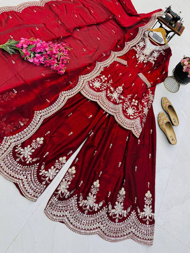 maroon color codding embroidery sequins work satin kurti sharara set