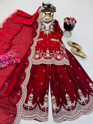 maroon color codding embroidery sequins work satin kurti sharara set 4