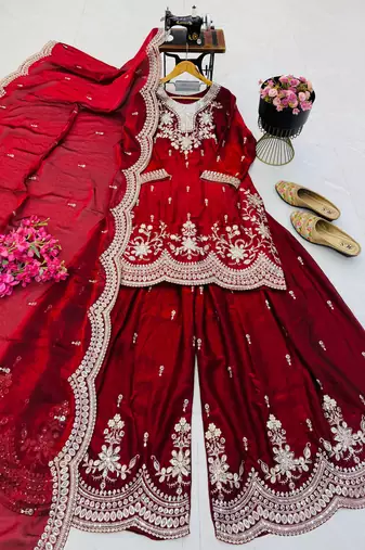 maroon color codding embroidery sequins work satin kurti sharara set