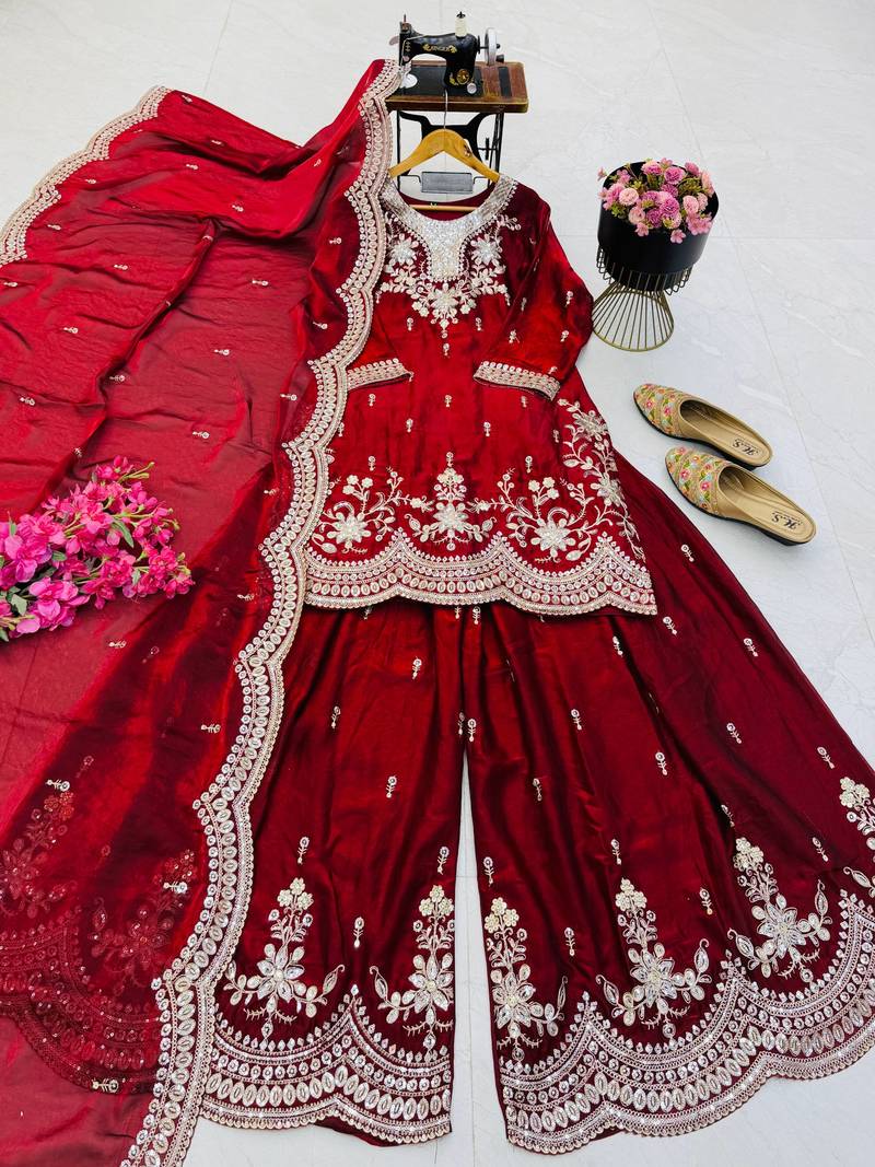 maroon color codding embroidery sequins work satin kurti sharara set