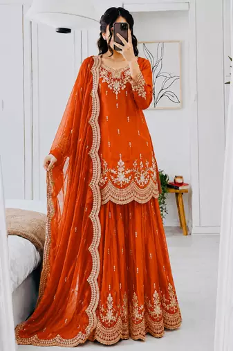 orange color codding embroidery sequins work satin kurti sharara set