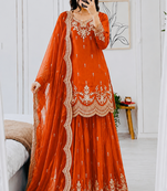 orange color codding embroidery sequins work satin kurti sharara set