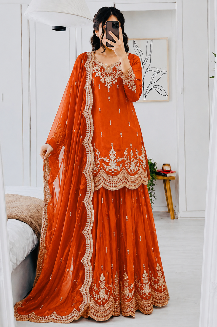 orange color codding embroidery sequins work satin kurti sharara set