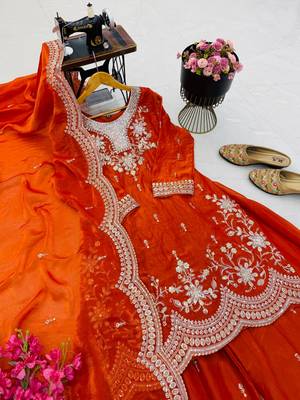 orange color codding embroidery sequins work satin kurti sharara set 2