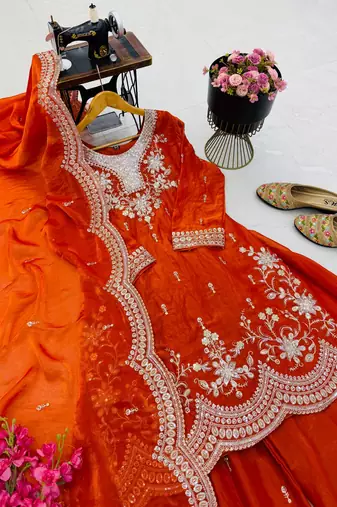 orange color codding embroidery sequins work satin kurti sharara set