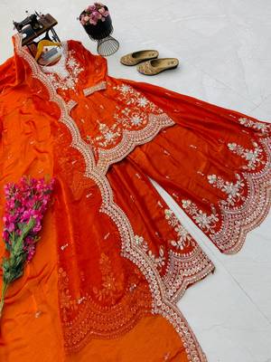 orange color codding embroidery sequins work satin kurti sharara set 3