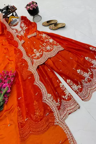 orange color codding embroidery sequins work satin kurti sharara set