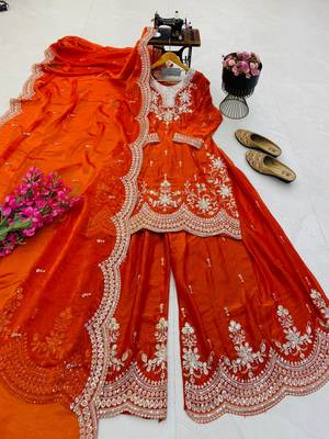 orange color codding embroidery sequins work satin kurti sharara set 4