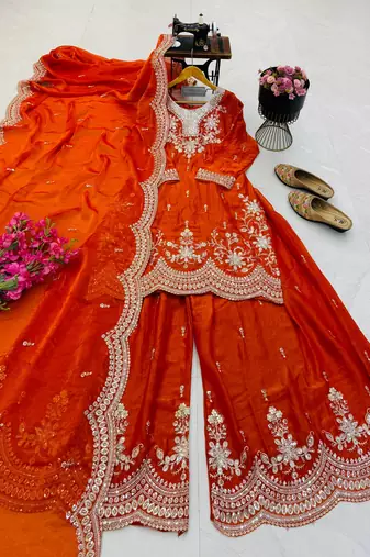 orange color codding embroidery sequins work satin kurti sharara set