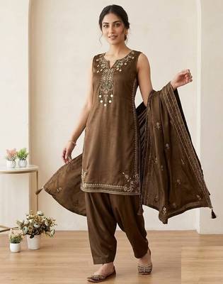 brown color sequnce embroidery silk blend salwar suit 1