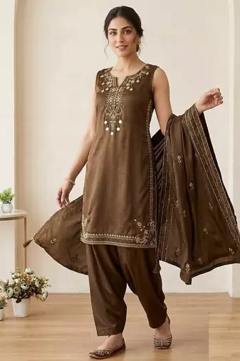 brown color sequnce embroidery silk blend salwar suit