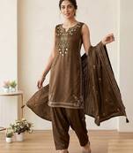 brown color sequnce embroidery silk blend salwar suit