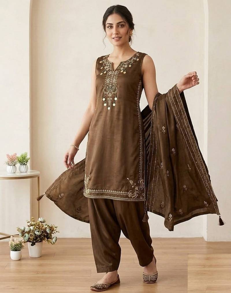 brown color sequnce embroidery silk blend salwar suit