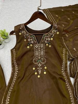 brown color sequnce embroidery silk blend salwar suit 2