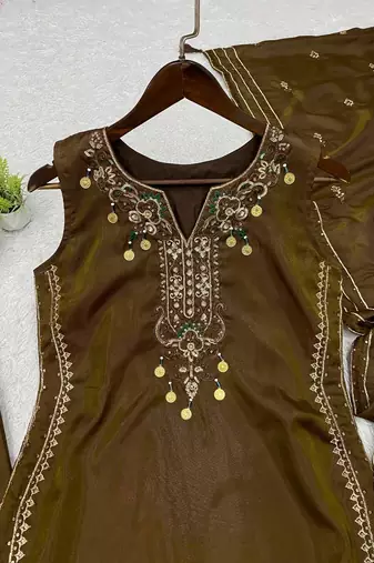 brown color sequnce embroidery silk blend salwar suit