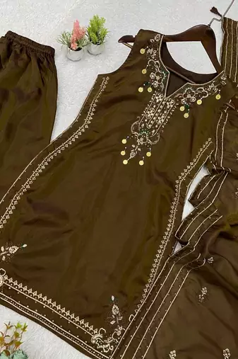 brown color sequnce embroidery silk blend salwar suit