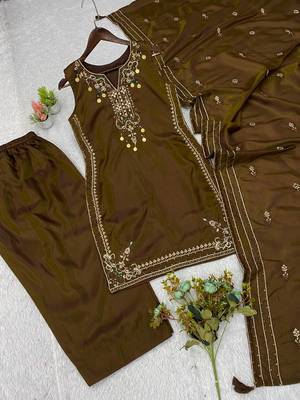 brown color sequnce embroidery silk blend salwar suit 4