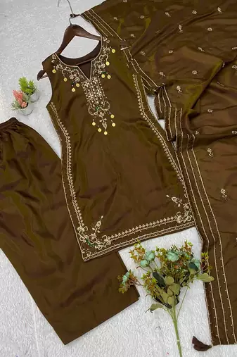 brown color sequnce embroidery silk blend salwar suit