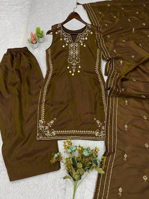 brown color sequnce embroidery silk blend salwar suit 5