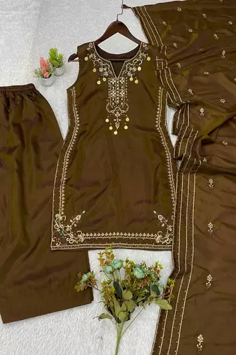 brown color sequnce embroidery silk blend salwar suit