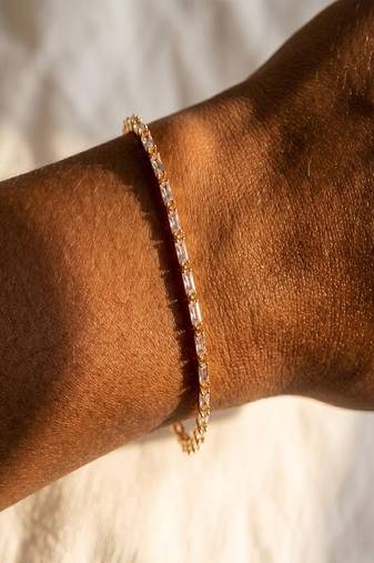 Elegant Gold Tone Baguette CZ Tennis Bracelet for Women, Minimalist Crystal Bracelet for Wedding, Party & Everyday Wear