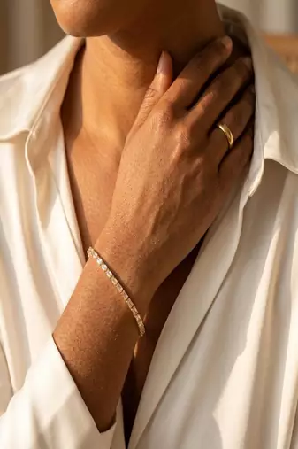 Elegant Gold Tone Baguette CZ Tennis Bracelet for Women, Minimalist Crystal Bracelet for Wedding, Party & Everyday Wear