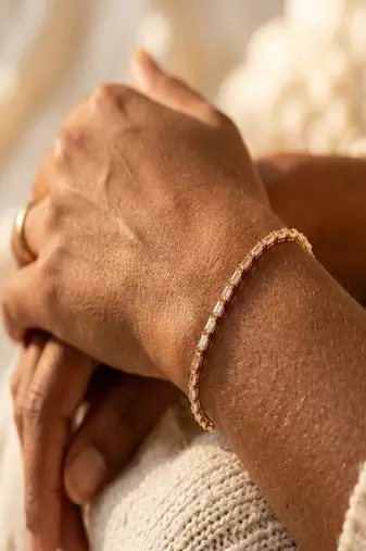 Elegant Gold Tone Baguette CZ Tennis Bracelet for Women, Minimalist Crystal Bracelet for Wedding, Party & Everyday Wear