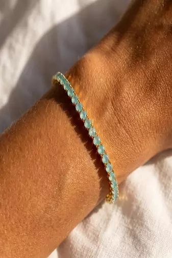 Elegant Aqua Blue CZ Tennis Bracelet for Women, Gold Tone Crystal Bracelet, Minimalist Jewelry for Wedding & Party