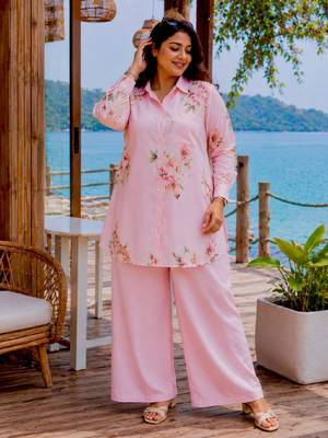Baby Pink Color Brush floral digital print work Silk Blend Shirt Palazzo Set 1