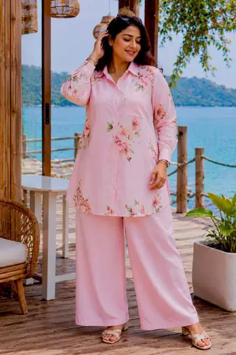 Baby Pink Color Brush floral digital print work Silk Blend Shirt Palazzo Set