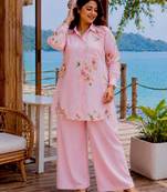 Baby Pink Color Brush floral digital print work Silk Blend Shirt Palazzo Set