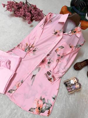 Baby Pink Color Brush floral digital print work Silk Blend Shirt Palazzo Set 2