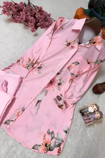 Baby Pink Color Brush floral digital print work Silk Blend Shirt Palazzo Set