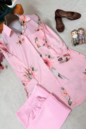 Baby Pink Color Brush floral digital print work Silk Blend Shirt Palazzo Set