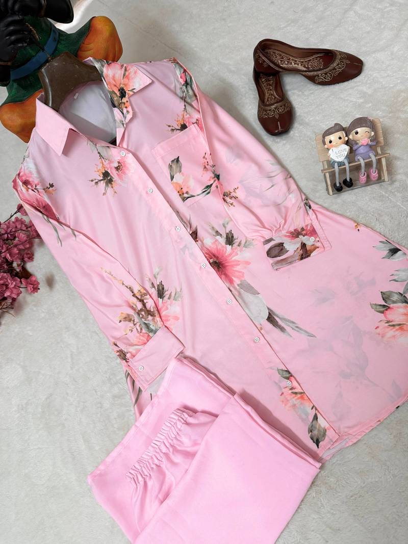 Baby Pink Color Brush floral digital print work Silk Blend Shirt Palazzo Set
