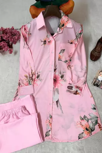 Baby Pink Color Brush floral digital print work Silk Blend Shirt Palazzo Set