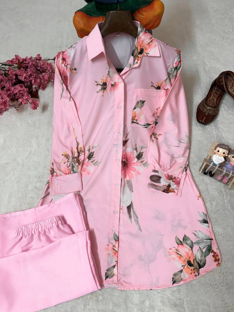 Baby Pink Color Brush floral digital print work Silk Blend Shirt Palazzo Set