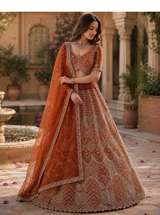 orange color Fancy Patten and Motif Crystal and Sequince work net Lehenga Choli set 1