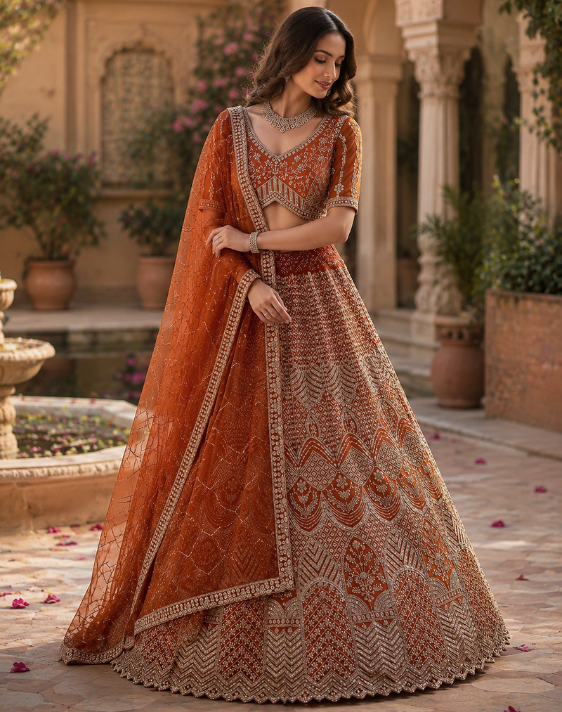 orange color Fancy Patten and Motif Crystal and Sequince work net Lehenga Choli set