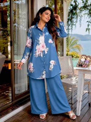 blue color brush floral digital print work silk blend shirt palazzo set 1