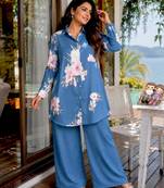 blue color brush floral digital print work silk blend shirt palazzo set