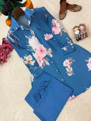 blue color brush floral digital print work silk blend shirt palazzo set 2