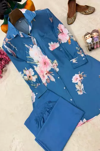 blue color brush floral digital print work silk blend shirt palazzo set